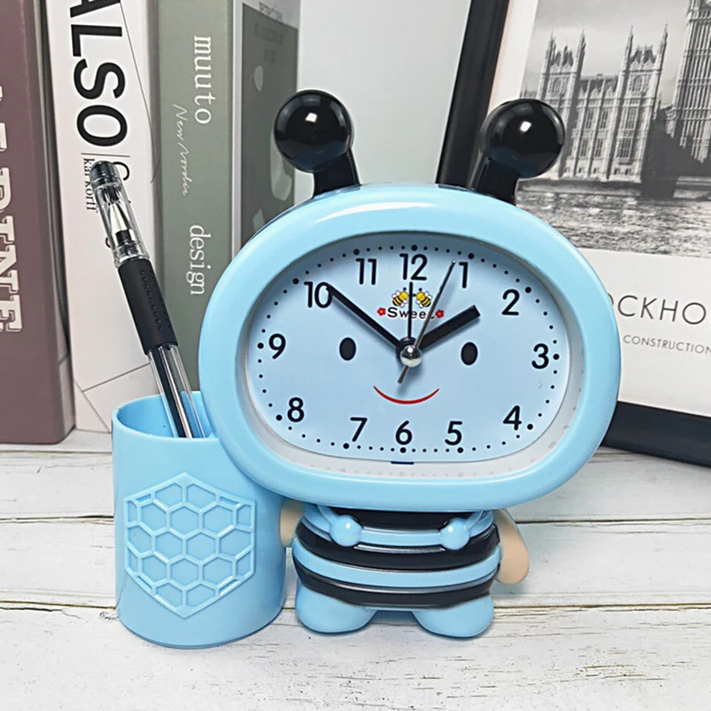 Cartoon alarm clock children learning with pen holder desktop clock jumping seconds yellow alarm clock