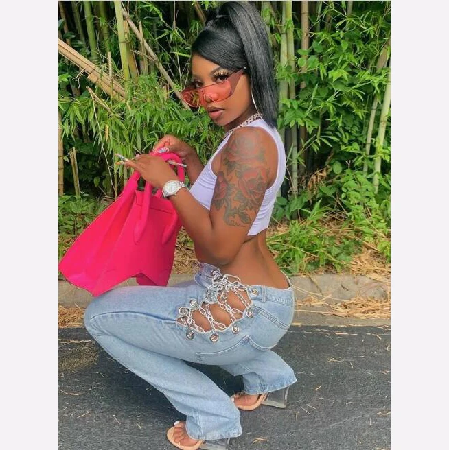 
2021 sexy ladies blue jeans trousers hollow out full length women high waist loose chain denim jeans with chain 