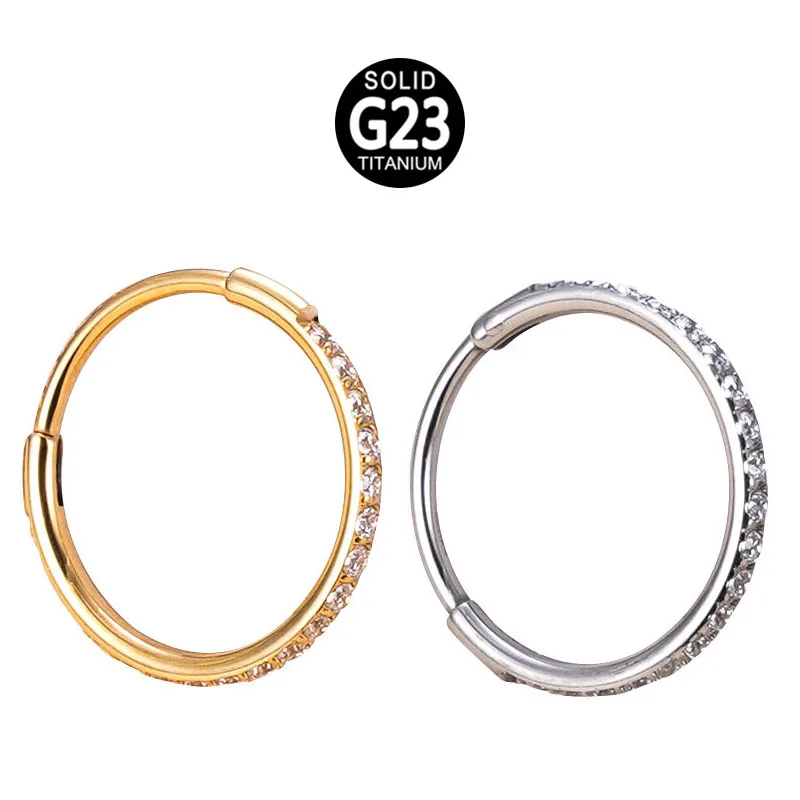 ASTM F136 G23 Titanium Rings Hinged Clicker Pin Tapers CZ Sides Segment Nose Rings Hoop Earrings Piercing Jewelry