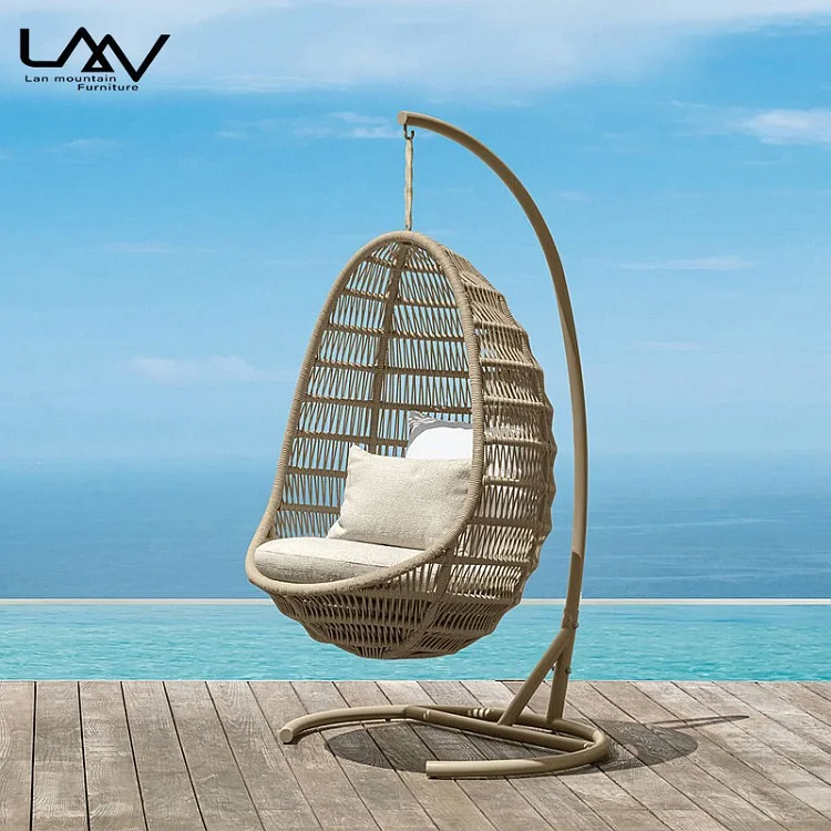 Wholesale outdoor leisure hanging egg chair garden patio weave rattan hanging chair with soft cushion