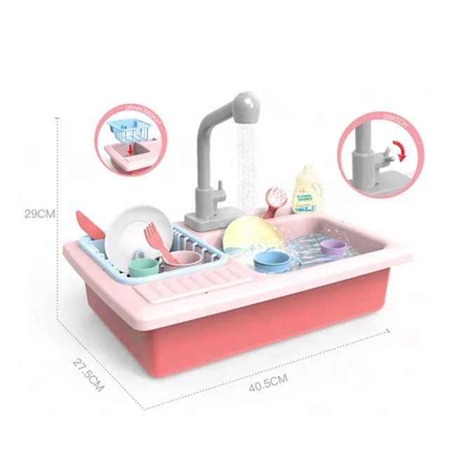 Pink kitchen sink play set wash up pretend play toys simulation kitchen toy sets with electric water tap