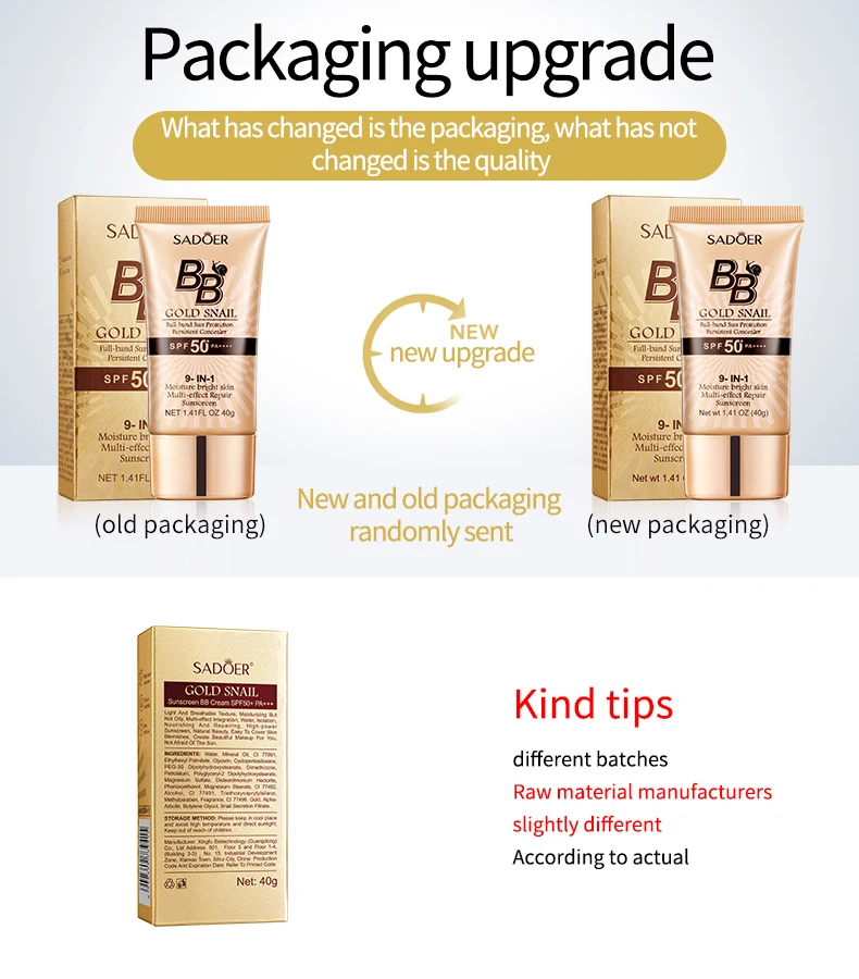 SADOER Gold Snail Whitening Sunscreen BB Cream Foundation Repair Concealer with Moisturizing and Isolating Makeup