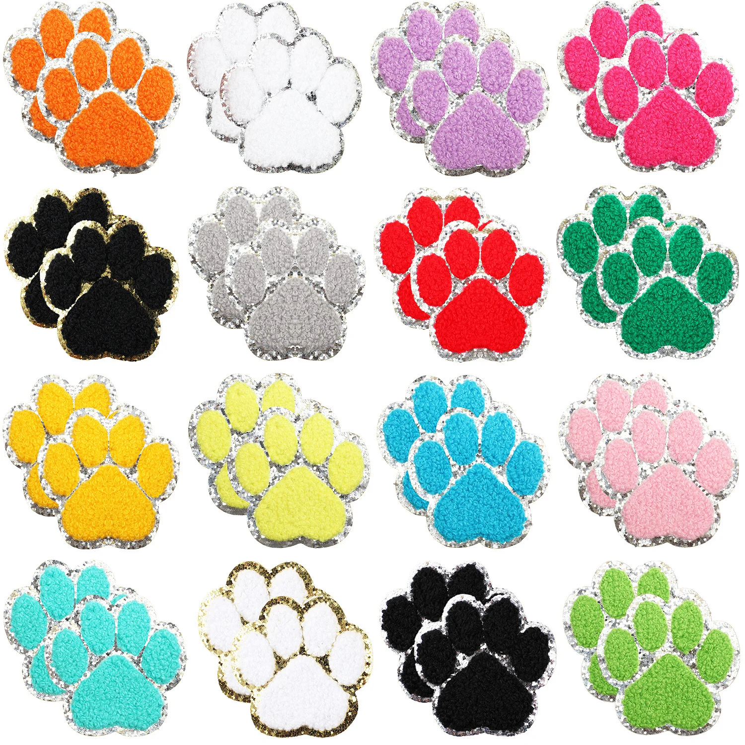 New Design Iron-On Glitter/Sliver Edge Chenille Paw Patch Colorful White Black Leather Clothing Hats Shirts Accessories Badges