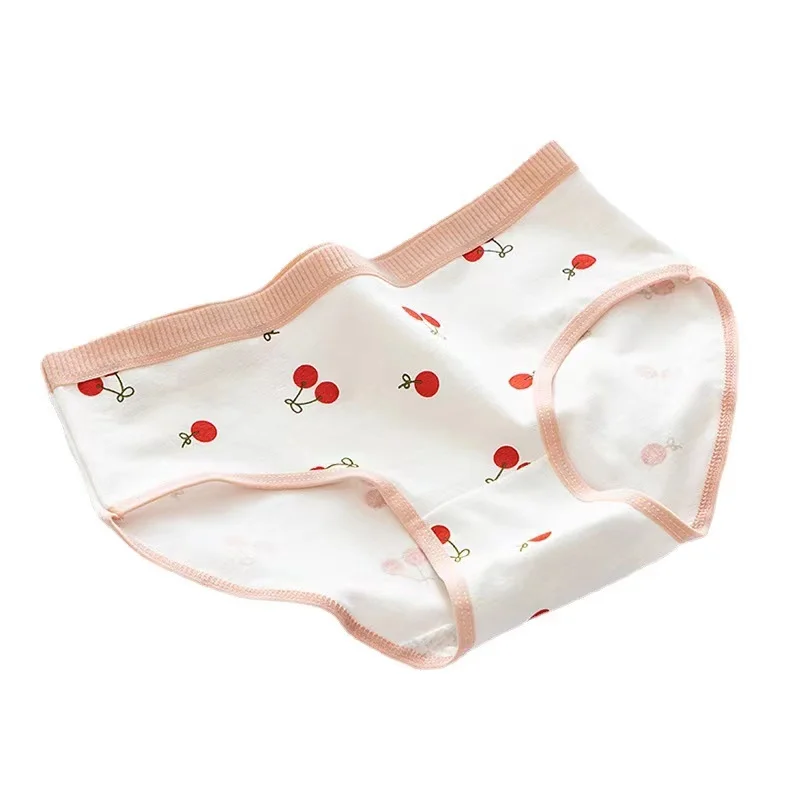 
Cherry crushed flower girl underwear soft breathable cotton cute triangle pants mid-waist panties 