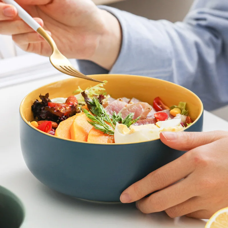 Round Stoneware Ceramic Color Glazed Bowl Salad Fruit Bowls For Dining Eco-friendly Serving Deep Cereal Soup Bowl