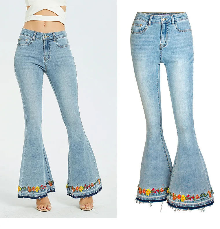 Wholesale Embroidered Casual Flare Denim Jeans Rodeo Cowboy Pants & Trousers With Rivets for Women
