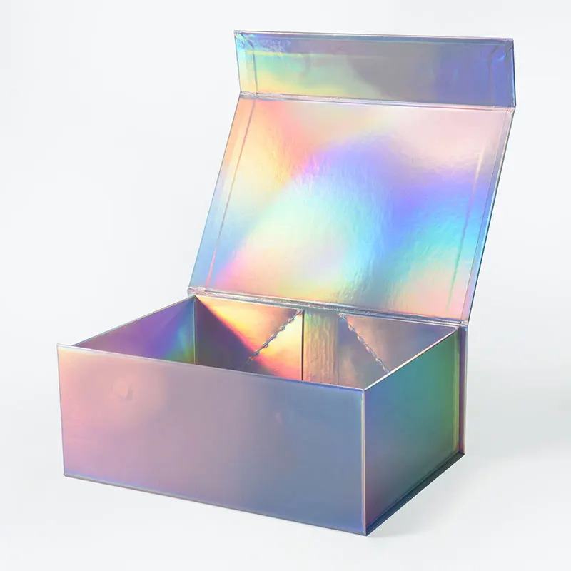 Luxury beautiful holographic folding rigid cardboard magnetic closure lid gift boxes with ribbon