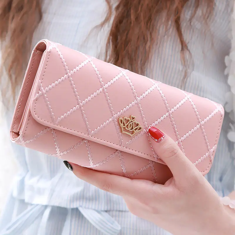 Fashion Tri-fold Button Closure Long Purse Women Multi Card Organizer Golden Crown Candy Colors Thread Lattice Clutch Wallet