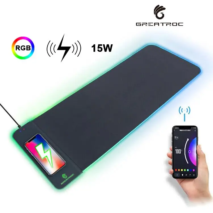 Great Roc Popular led 15W wireless charger waterproof mouse pad RGB colorful lights custom anti slip game mouse keyboard pad