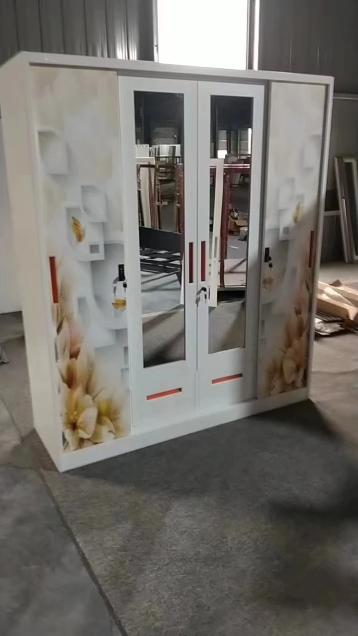 Folding clothes wardrobe with mirror for home furniture Cheap Price Pattern Printing sliding Almirah wardrobe