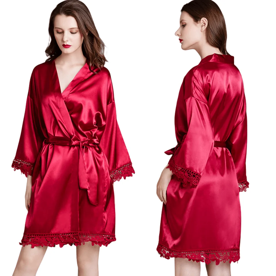 Custom Logo Pure Color Deluxe Adult Bridal Wedding Dressing Gown Satin Bridesmaid Robe