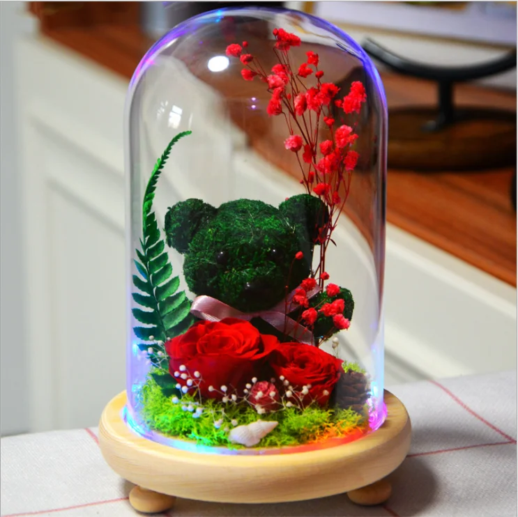 
Cross-border source of supply, immortal flower bear glass cover gift box dried flowers keep fresh 520 creative gift 