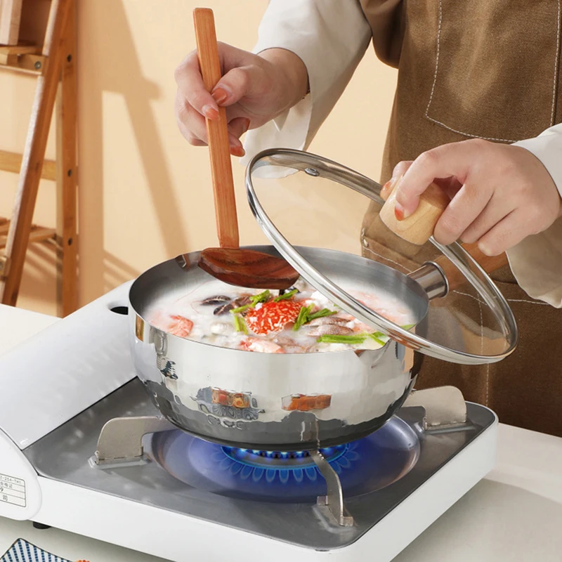 430 Stainless Steel Traditional Japanese Pot Saucepan Wooden Handle Milk Pan For Heating And Melting Nonstick Pan