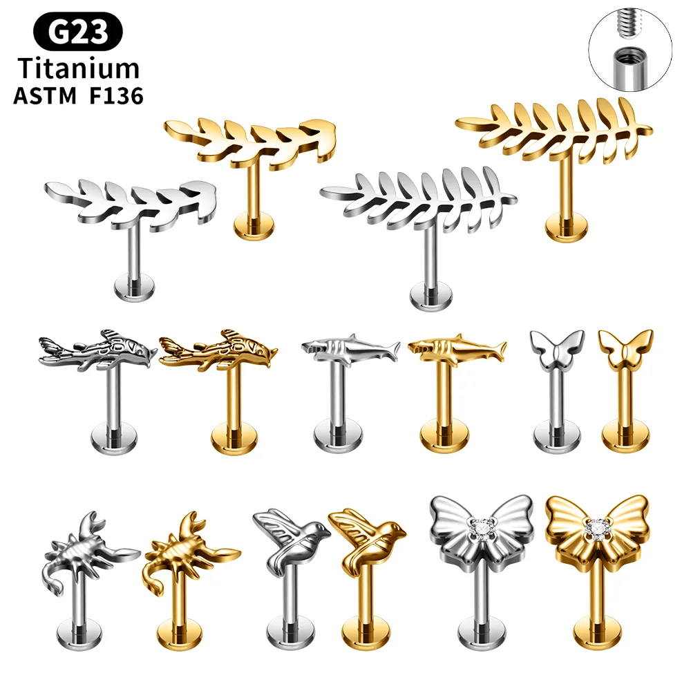 G23 Titanium Piercing Scorpion Shark Butterfly Shape 16G Labret Nose Ear Stud Tragus Helix Cartilage Earrings Women Body Jewelry
