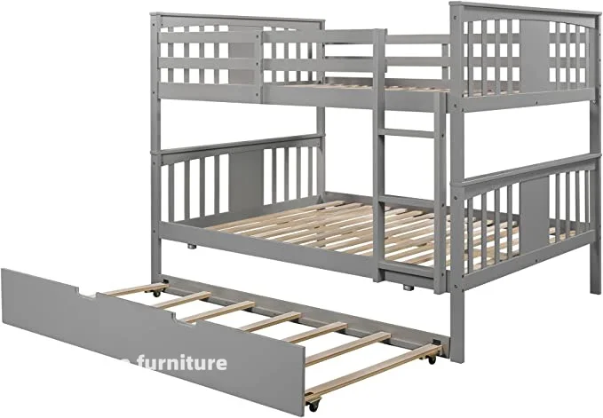 Bunk Bed with Trundle Solid Wood Bunk Bed with Ladder for Bedroom