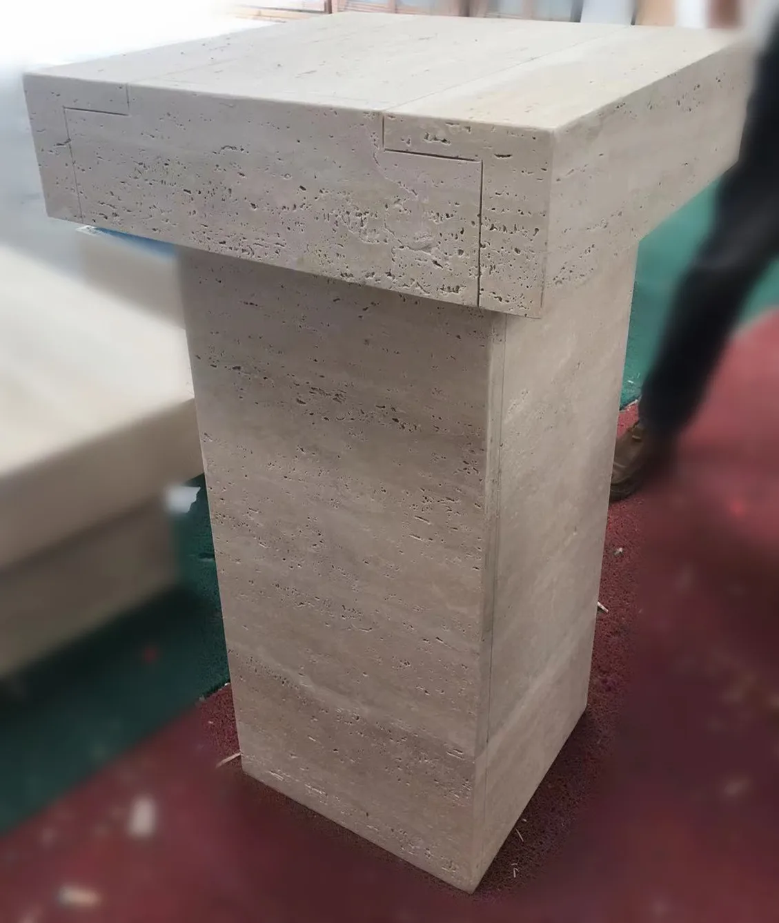 Lightweight Roman Travertine Pedestal Coffee Table Natural Stone Cube Table