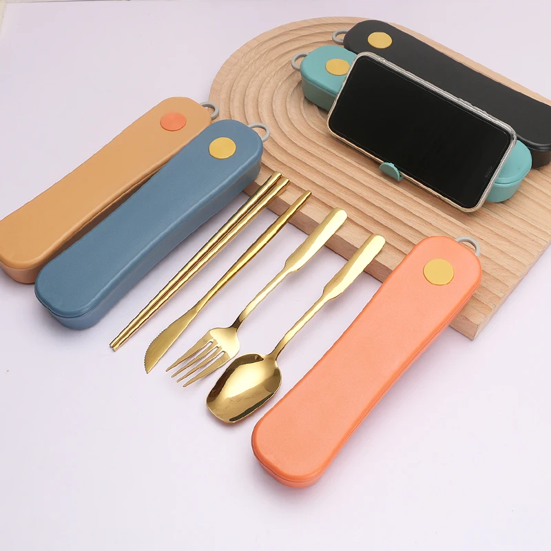New Design Rotating Cutlery Set Stainless Steel Spoon Fork Knife Chopsticks With Eco Wheat Straw Case Portable Tableware