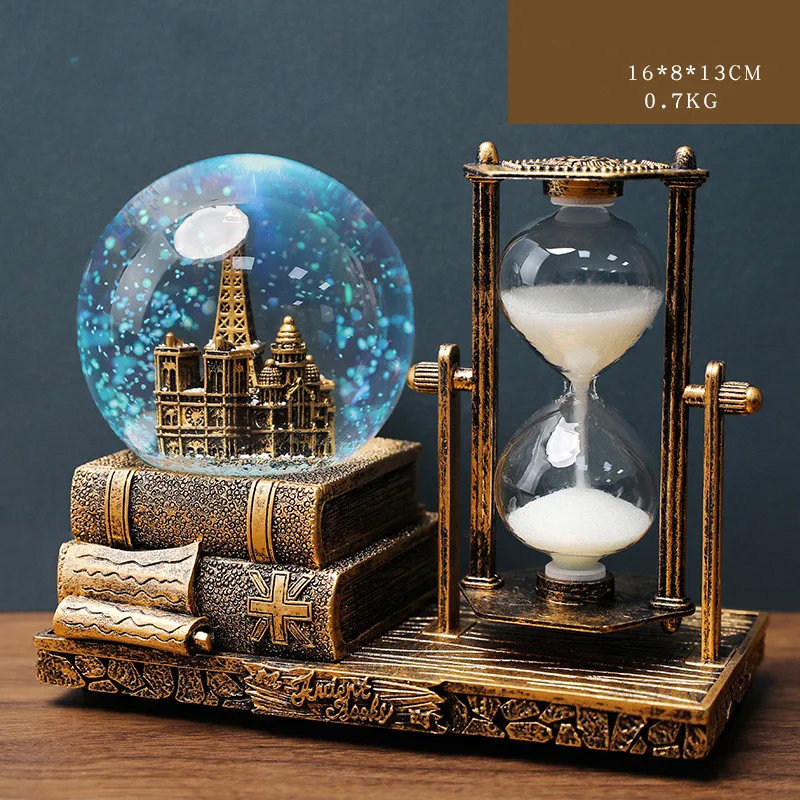 Retro Tower Hourglass Sand Timer Fantasy Crystal Ball Glowing Music Box Home Decoration Craft Student Gift