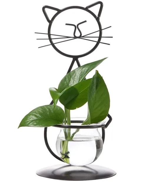 Glass Planter Vase Holder, Creative Cat Plant Terrarium Metal Stand for Hydroponics Plants  Garden Wedding Decoration Outdoor