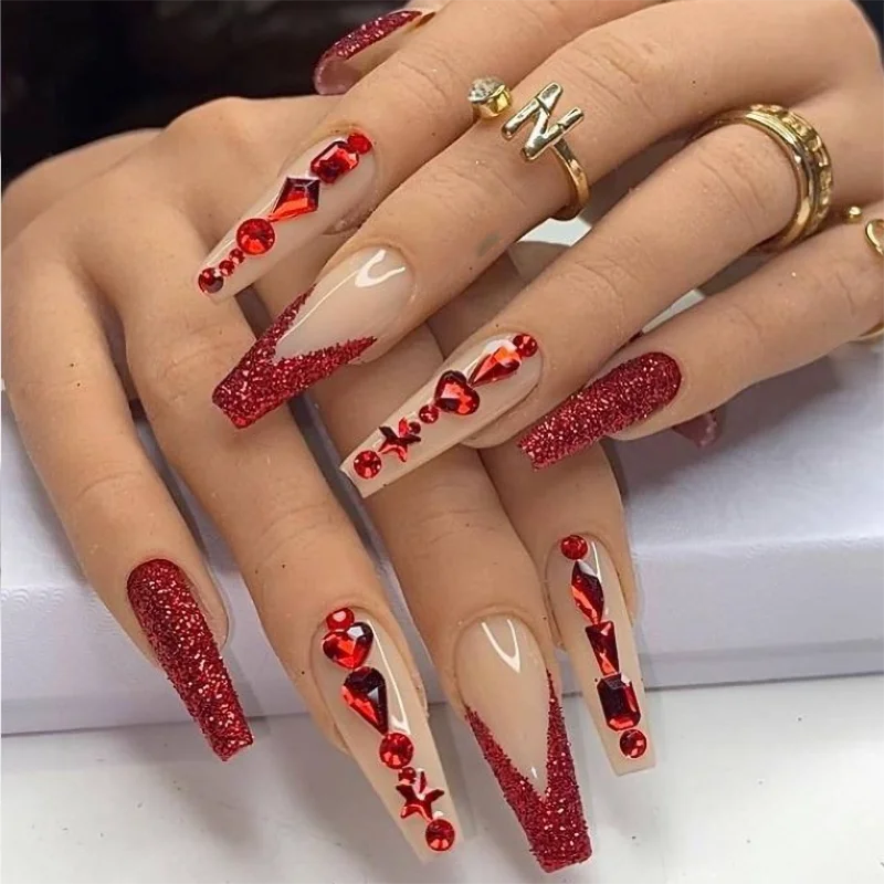 Wedding Engagement Luxury Gold Color Glitter Press On Nails Long Coffin Elegant Acrylic Stick On Small Nails Suppliers