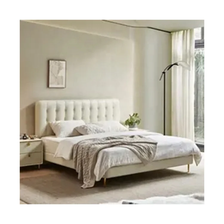 Simple warm sweet cream king size bed with storage French nordic leather Bedroom sets queen size custom luxury modern furniture