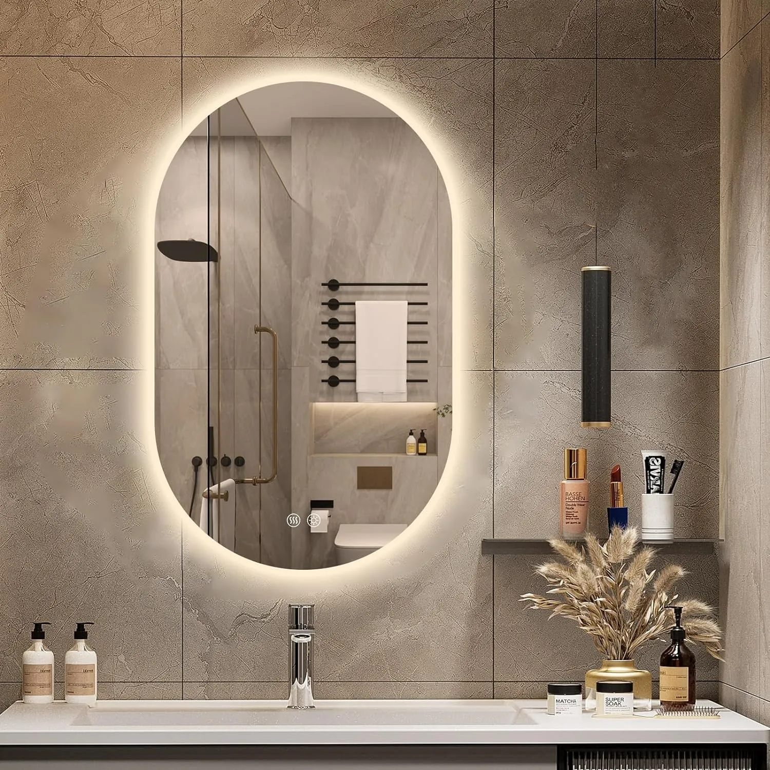 Modern round frameless LED smart touch switch unbreakable adhesive full length body large wall salon gym dressing decor mirror