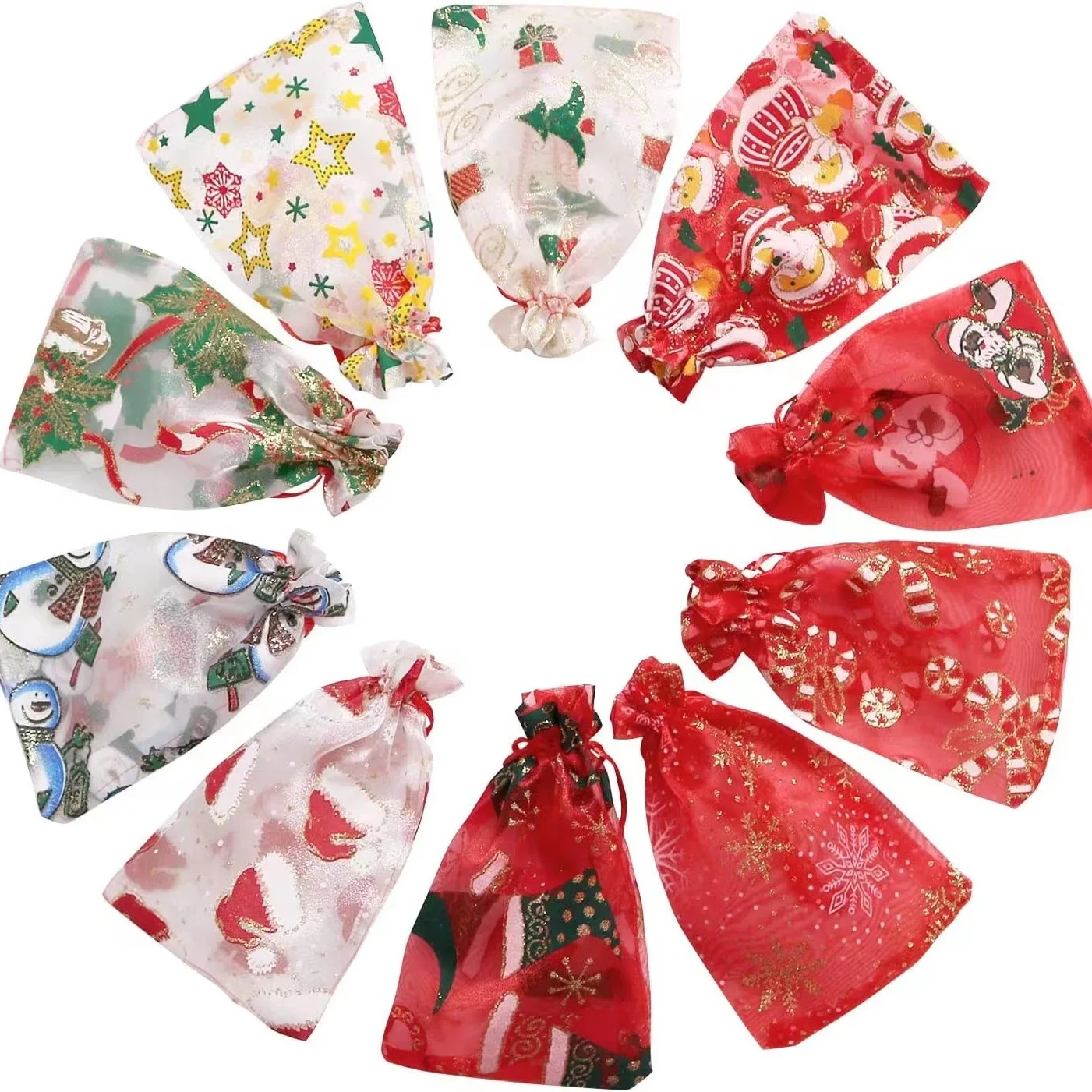 Factory Wholesale Customized Gold Stamped Christmas Decoration Pendant Gift Packaging Organza Drawstring Bag