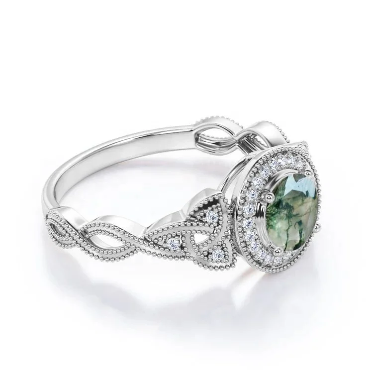 Floral Rope Design Moss Green Agate Ring 925 Sterling Silver Natural Stone Jewelry