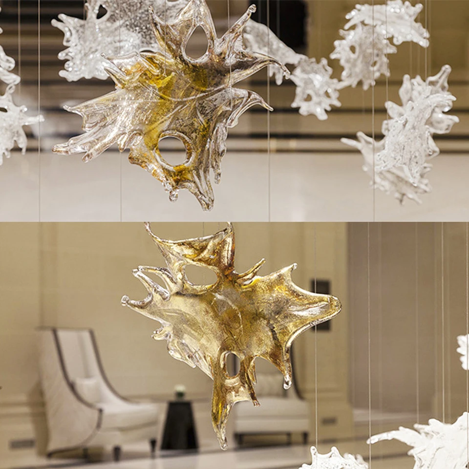 Hotsale Decor Transparent Leaf Shape Lobby Villa Hotel Purple Yellow Chandelier Murano Glass for Project case Custom