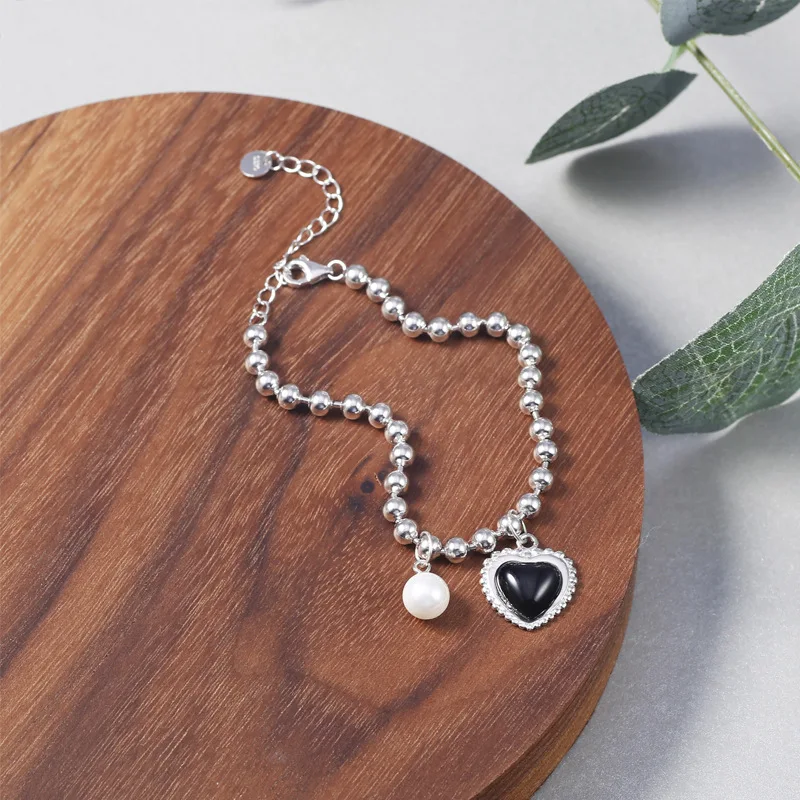 Fashion Bead Women Black Onyx Heart Pearl Bracelet Bead Bracelet Charm Bracelet