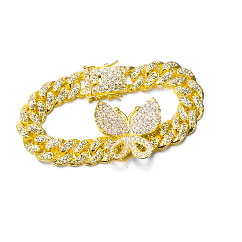 Luxury Personalized Hot Selling Hips Hops 12mm Bling Bling Rhinestone Crystal Rose Gold Butterfly Cuban Chain Choker Necklace