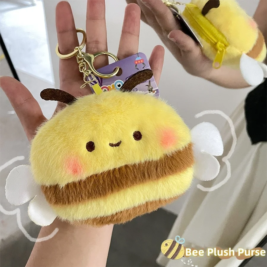 Wholesale Cute Bee Animal Embroidery Mini Custom Plush Coin Purse Keychain Stuffed Toys Wallet