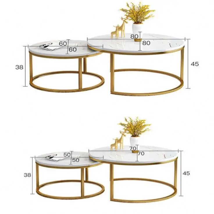 Contemporary Round Nesting Bent Black Gold Metal Side Glass Marble Stone Mdf Wood Coffee Table Nest Of 3 Table Set Nesting Table