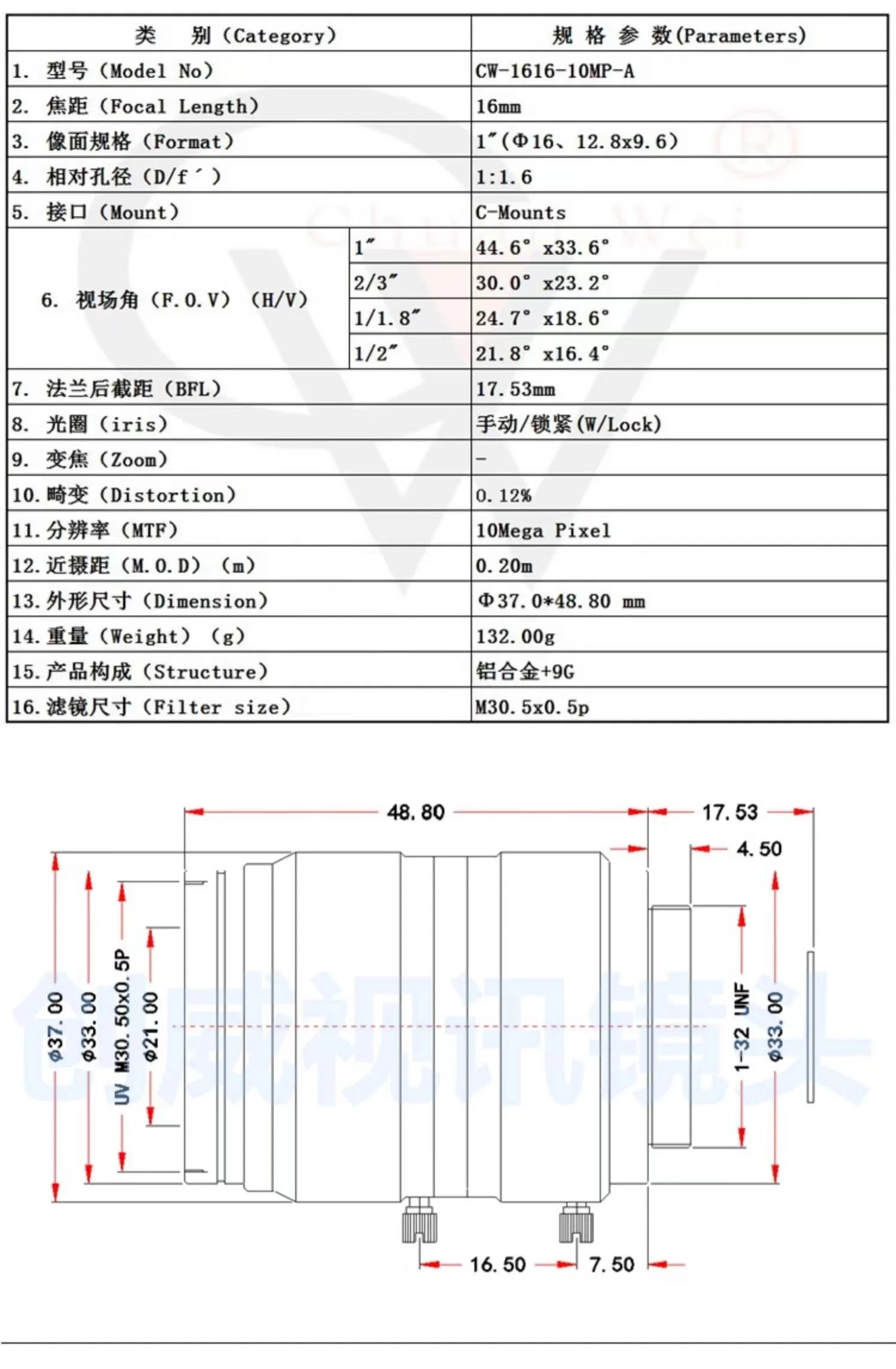 CW 10MP 16mm Camera Fixed Manual Iris C Mount CCTV Lens for CCTV Camera Lens