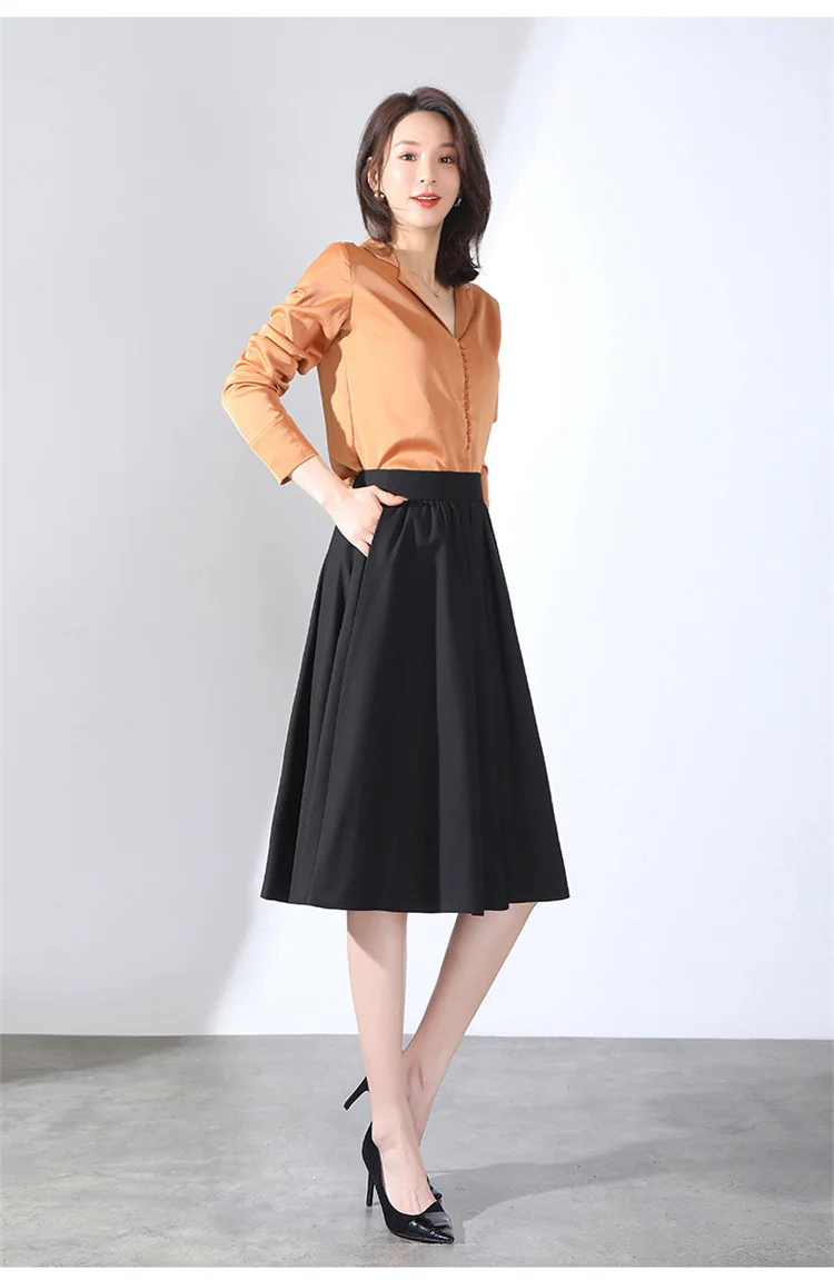 Fashion High Waist Pleated Skirt Women Korean Elegant College Style Midi Skirt A-line Fashion All-match Chic Midi Skirts