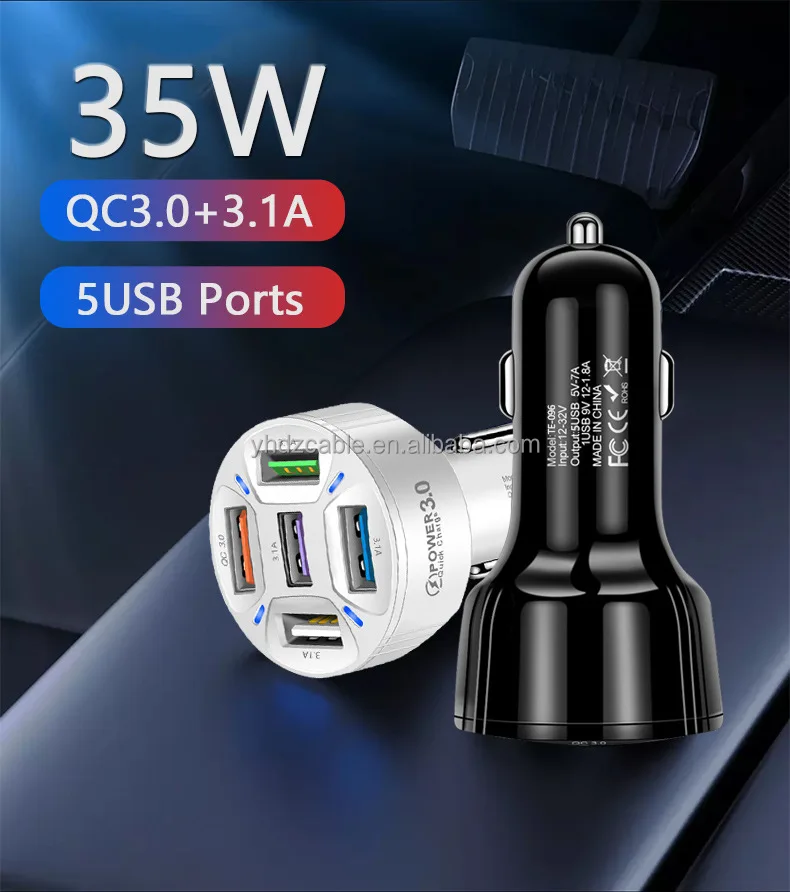5USB Multi-Port Charger 3A QC3.0 Smartphone Car Fast Charger Vehicle Cigarette Lighter LED Display Android Universal Adapter