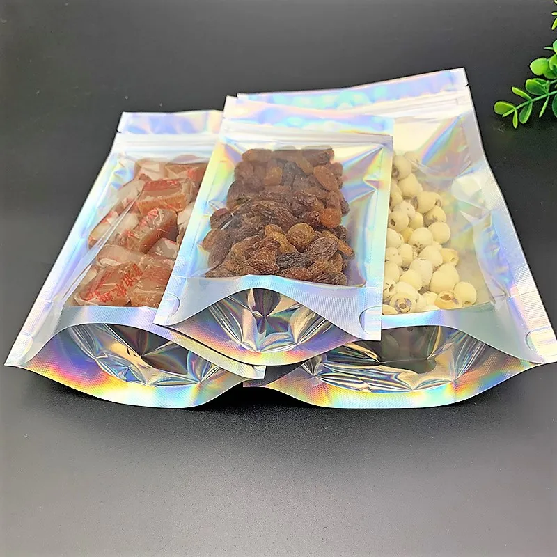 Custom printed reusable translucent food grade holographic upright bag self-sealing zipper packaging hot seal bag