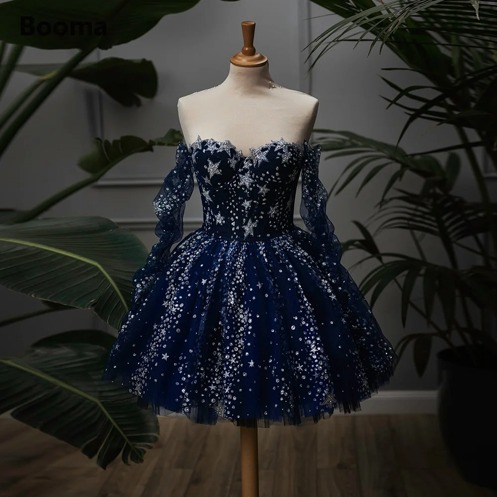 High Quality Dark Blue Starry Sky Princess Mini Dress with Beaded Glitter Starts Off-shoulder Long Sleeves for Women