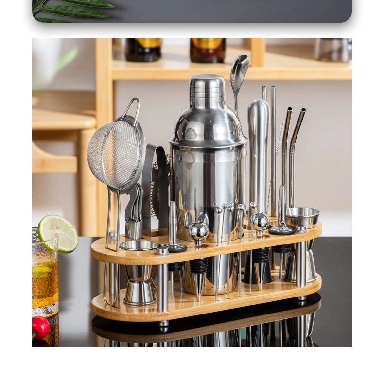 Professional Barware Tools Wooden Stand Stainless Steel Bartender Kit Bar Accessories Jigger Cocktail Shaker Set