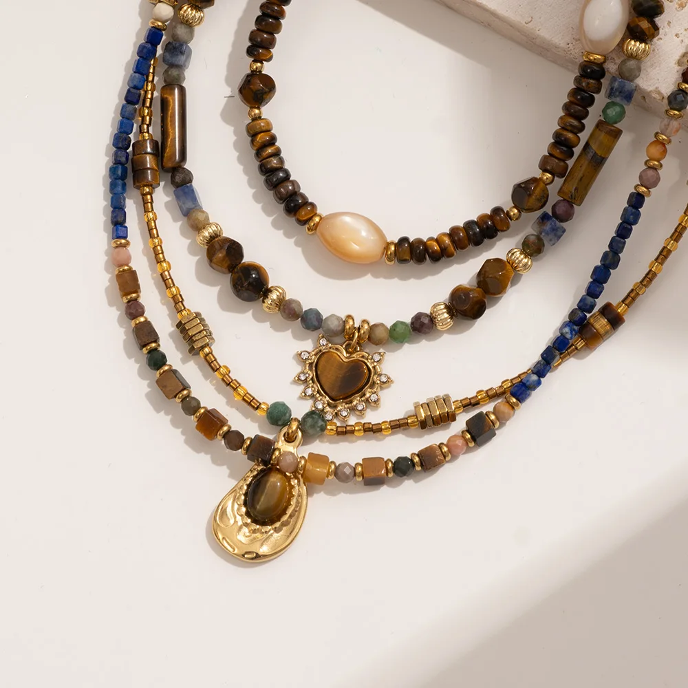 Sweater Long Chain Bohemian Colorful Tiger Eye Quartz Crystal Heart Pendant Necklace Multi- Stone Blue Opal Gemstone Necklace