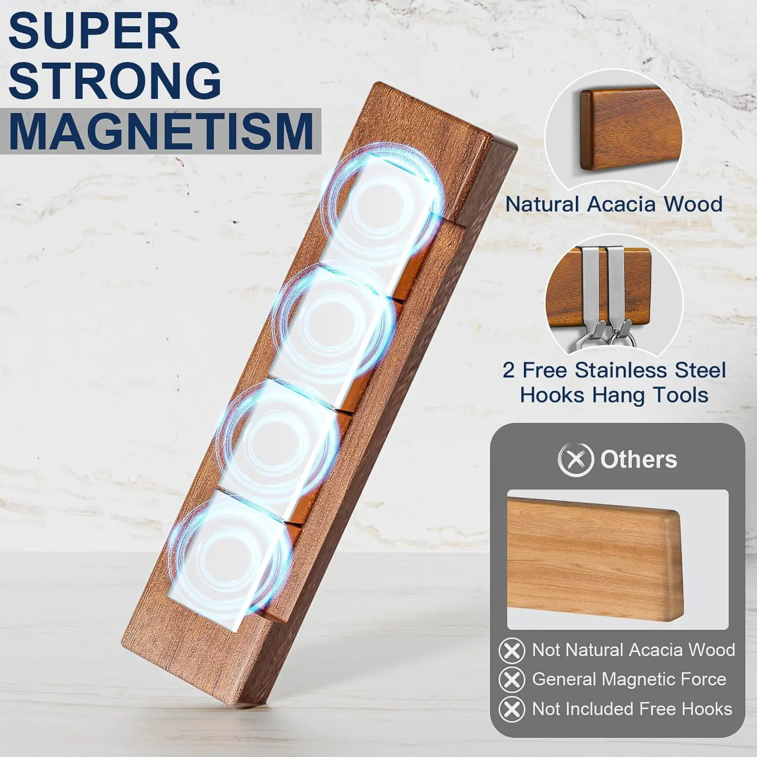 TOALLWIN kitchen accessories wood magnet knife strip holder rubber wood magnetic knife rack 10 inch knife magnetic holder