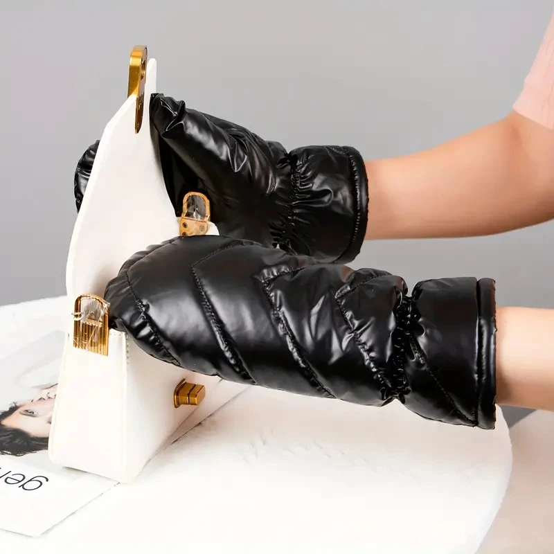 Solid Color Line Embroidered Mittens Short Thickened Warm Down Gloves Winter Waterproof Coldproof Gloves