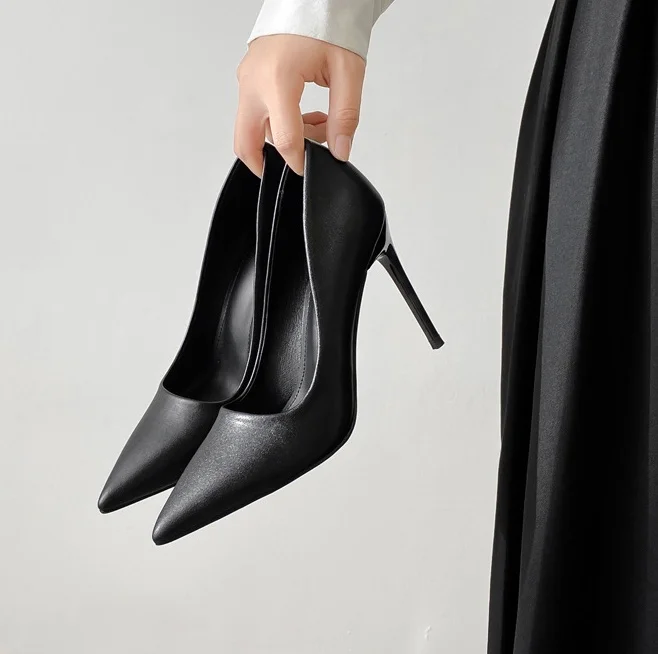 Women Black High Heeled Pointed Toe Shoes Office Lady Elegant Slip-on Thin Heel PU Leather Velvet Business Base Simple Shoes