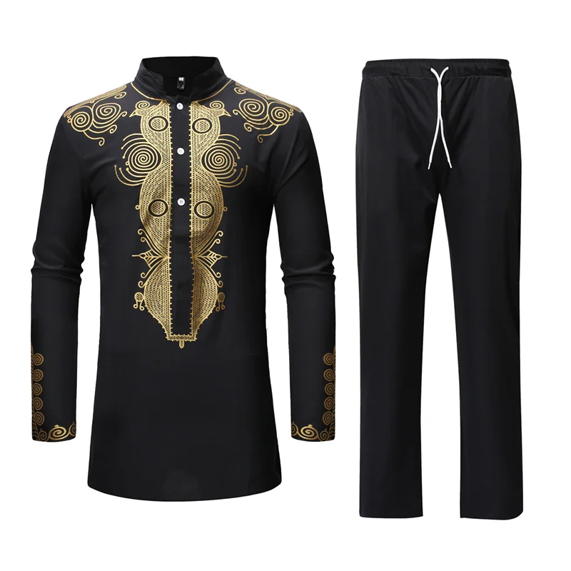 Dashiki Print Long Sleeve shirt African Men Clothing pants sets