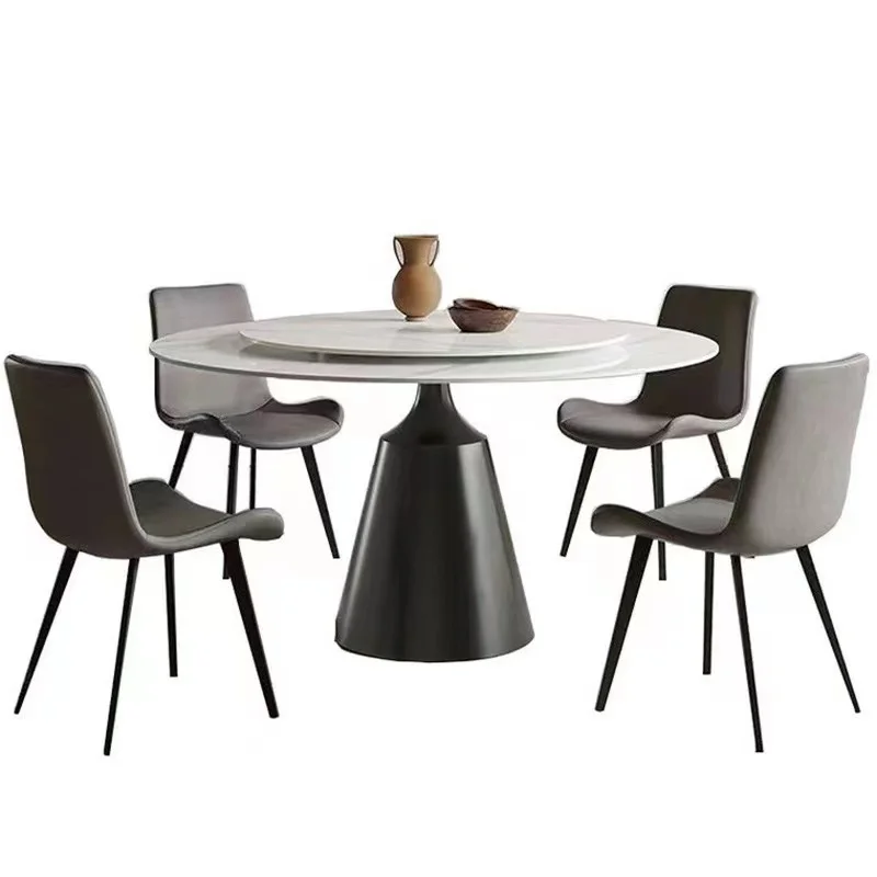 Modern Light Luxury Minimalist Round Rock Board Dining Table Stainless Steel Round Table with Turntable