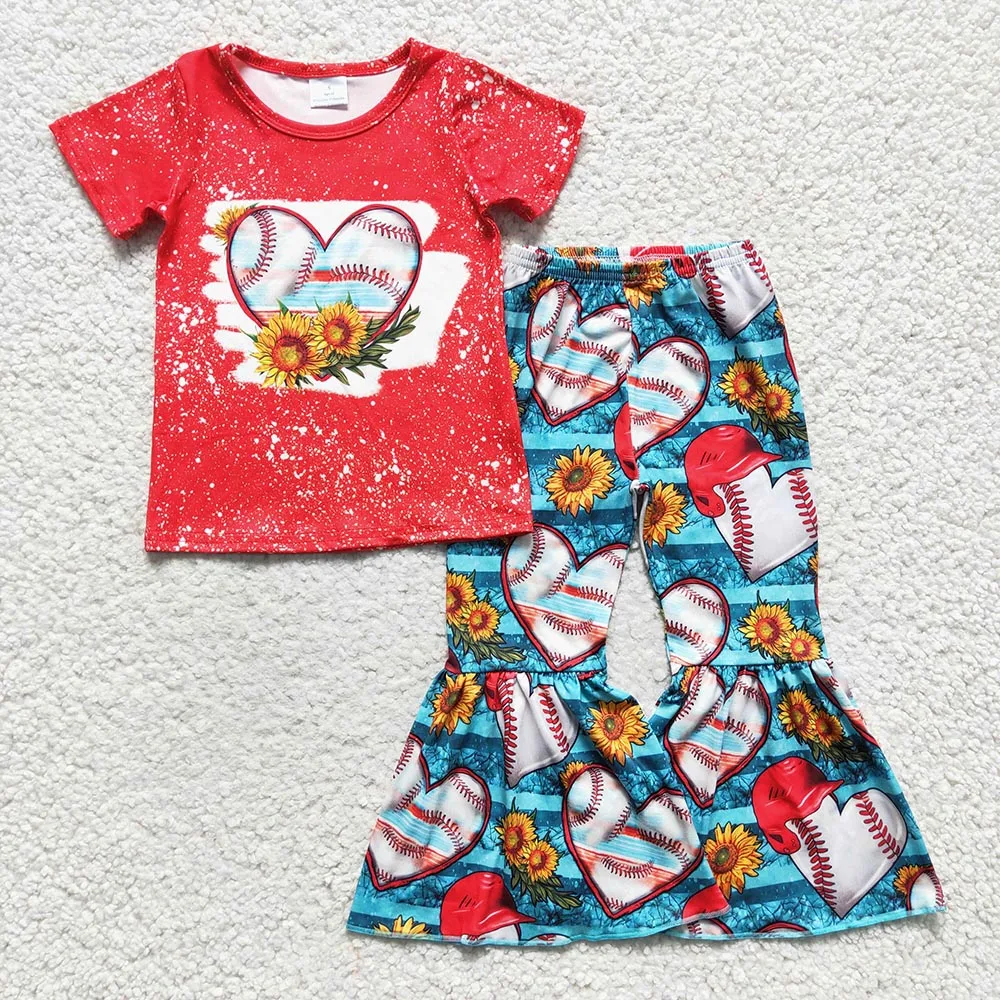 2023 Short Sleeve Red Bleach Design Infant New Arrival RTS Infant & Teenage Football Sunflower Bell-Bottom Pants Girls Outfits