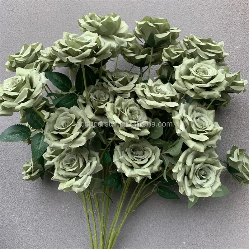 A-191 High Quality Artificial Flower Rose Green Artificial Flowers 5 Head Rose Flowers in Bulk Wedding Home Decorative