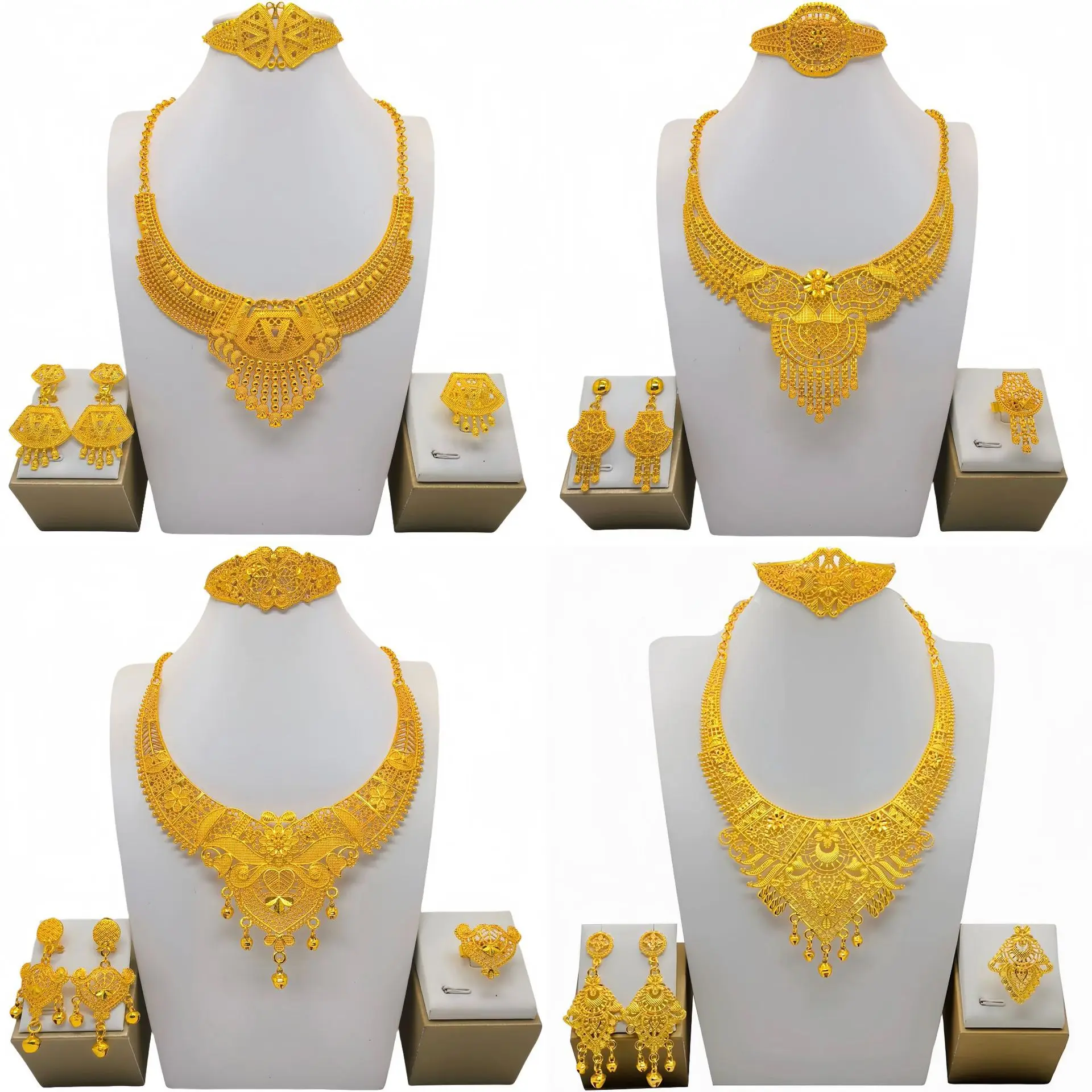 Dubai Luxury Jewelry Set 4 Piece Womens Full 24K Gold Plated necklace earrings bracelet and ring set