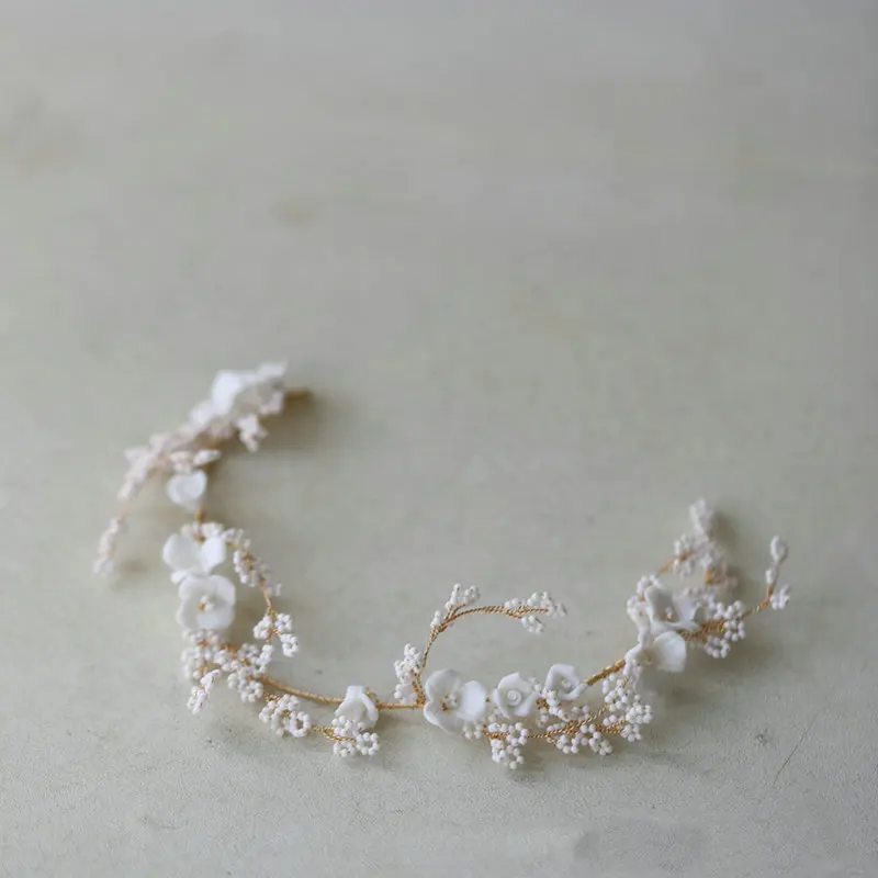 Handmade Beaded Bride Hair Vine Ceramic Flower Headband Babysbreath Wedding Tiara Accessories For Women