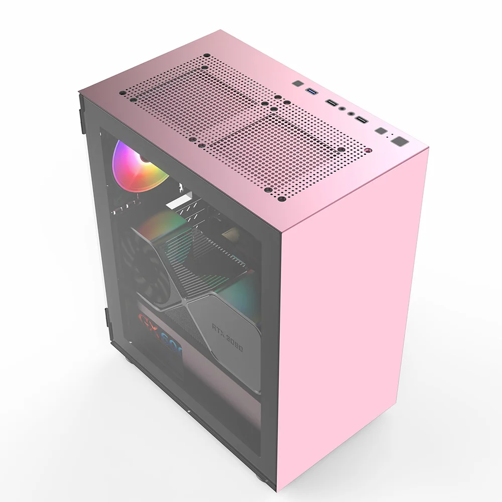 Wholesale Micro-ATX PC Gaming Computer case with Side Tempered Glass Door Support ATX Gaming Computer case (Pink)